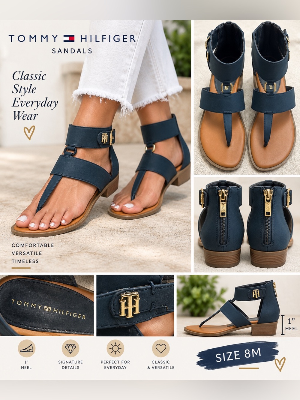 Tommy Hilfiger Navy Thong Sandals – Size 8.5M – 1” Heel